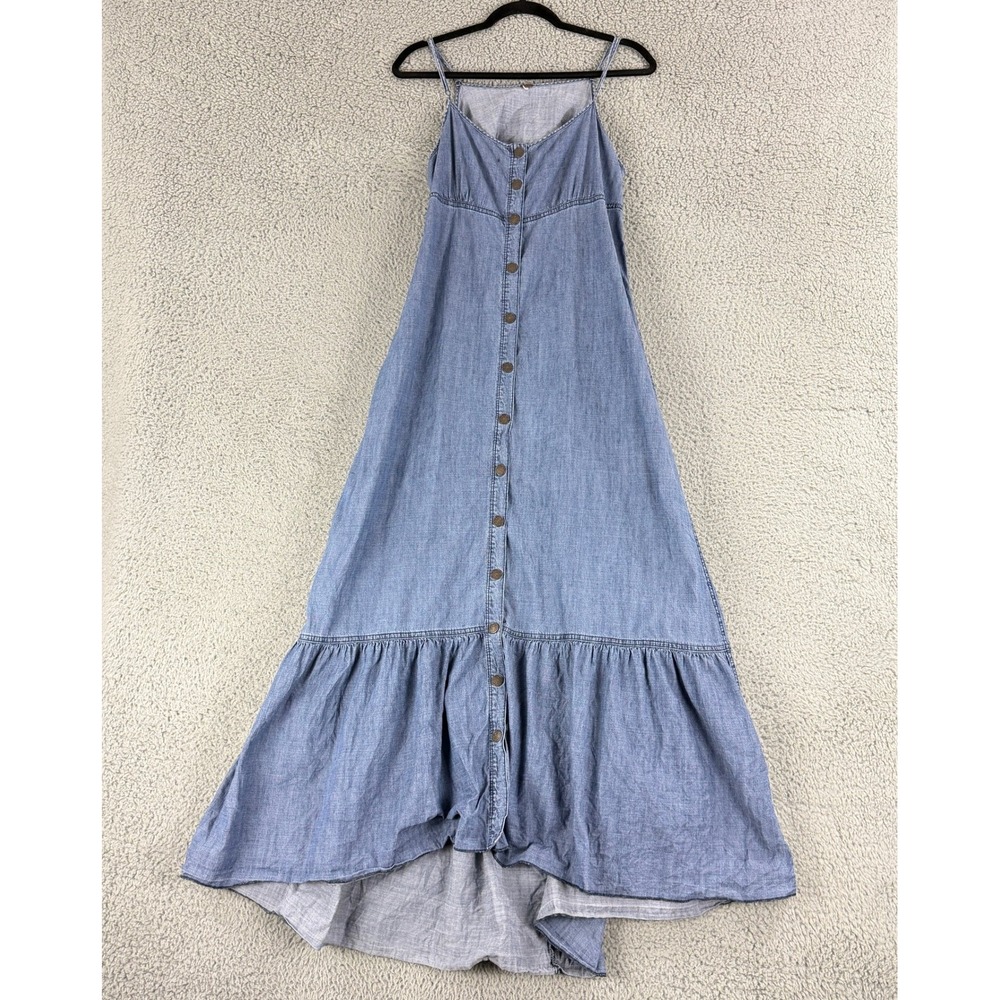 Free People Maxi Dress Women S Blue Chambray Button Front Cutout Ruffle High Low
